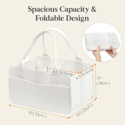 Felt Diaper Caddy Organizer with Handle, Portable Baby Nappy Storage Basket Bag with Detachable Divider, for Nursery, Changing Table, Car, Regular, Beige, 13"×9.1"×7.1"
