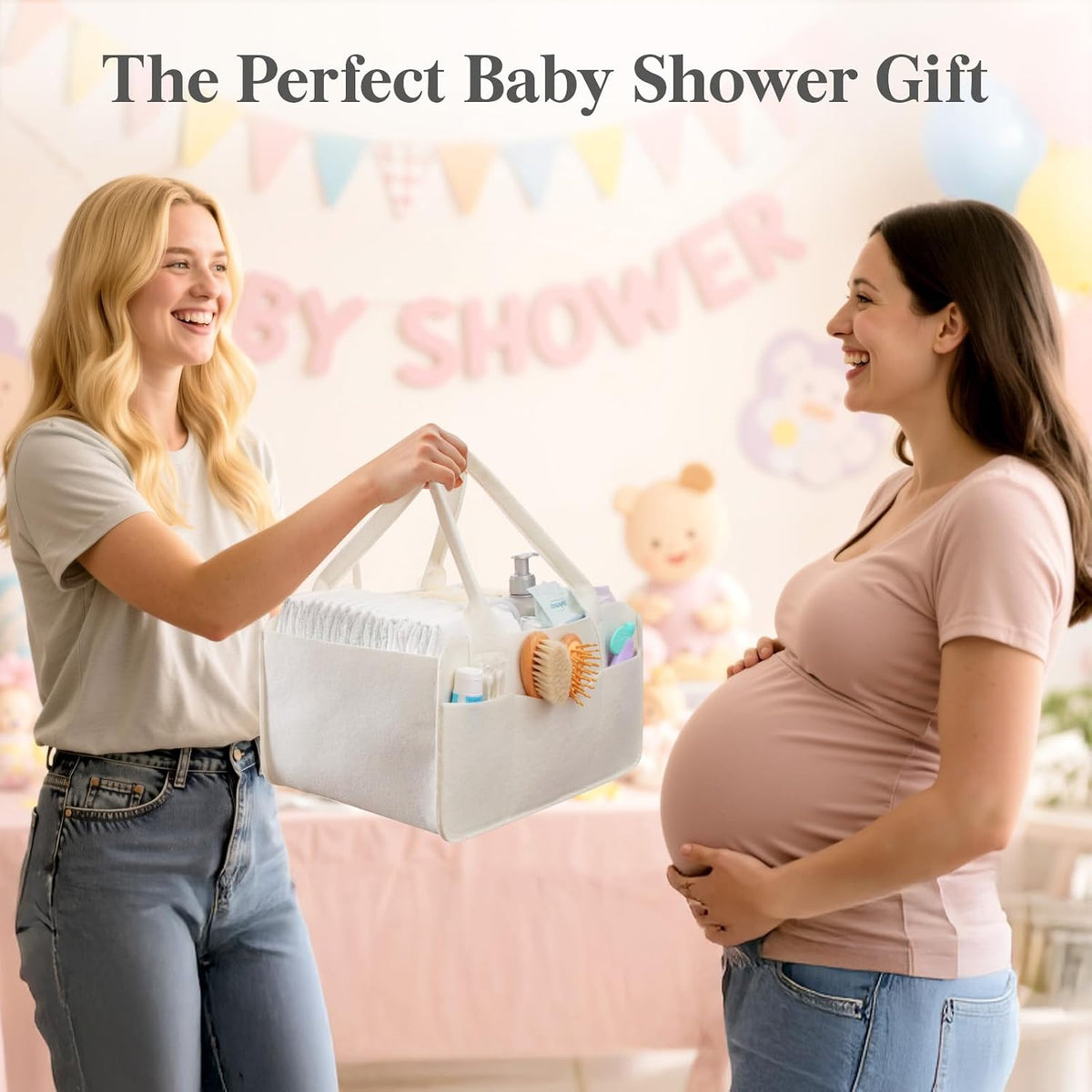 Felt Diaper Caddy Organizer with Handle, Portable Baby Nappy Storage Basket Bag with Detachable Divider, for Nursery, Changing Table, Car, Regular, Beige, 13"×9.1"×7.1"