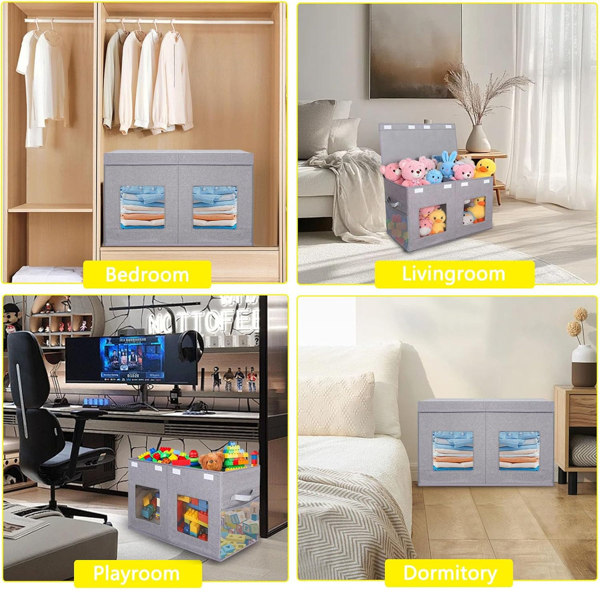 Legestori Large Stackable Storage Bins with Lids, Collapsible Sturdy Storage Organizer Boxes Bins Baskets, Foldable Closet Organizer Baskets for Home (Light Khaki, M)
