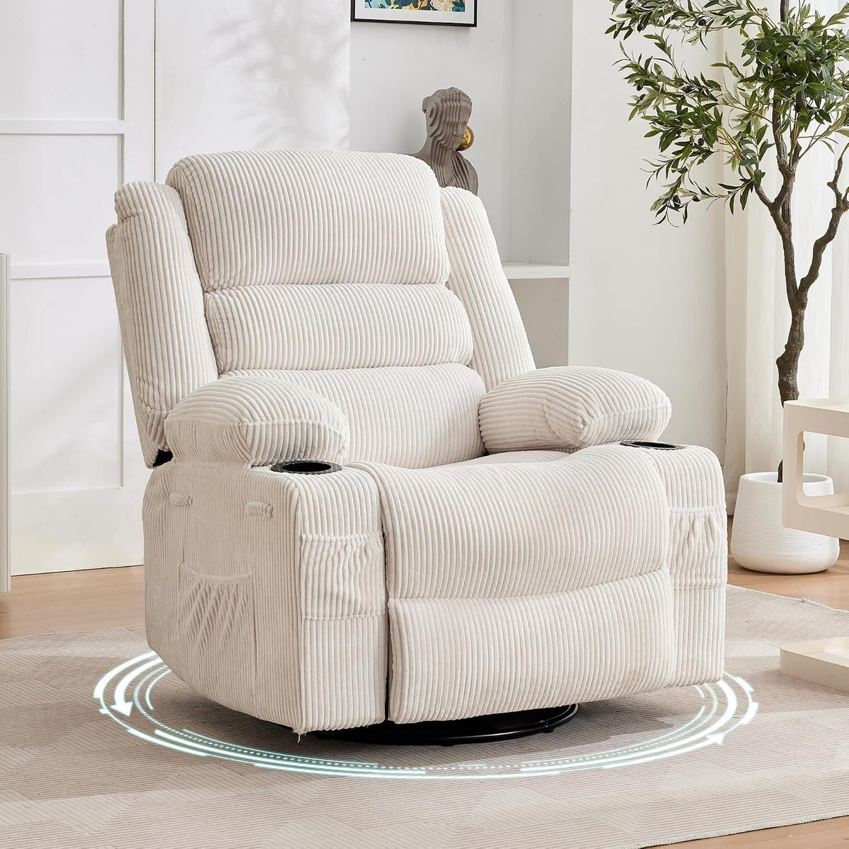 Rocking Recliner Chair for Adults Corduroy Wide Upholstered Glider Recliner with Cup Holder Deep Seat Single Sofa Rocker Chair for Nursery Living Room