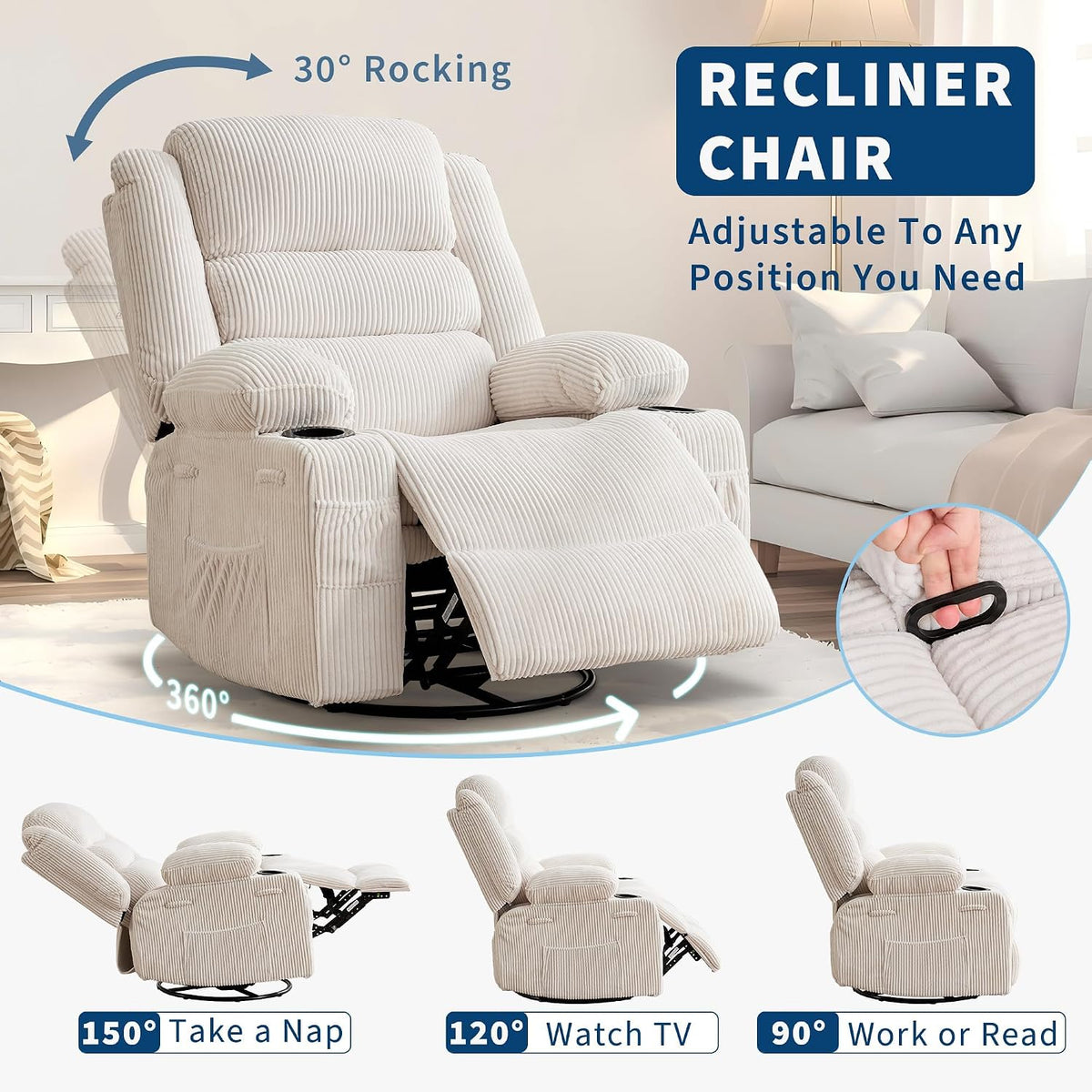 Rocking Recliner Chair for Adults Corduroy Wide Upholstered Glider Recliner with Cup Holder Deep Seat Single Sofa Rocker Chair for Nursery Living Room