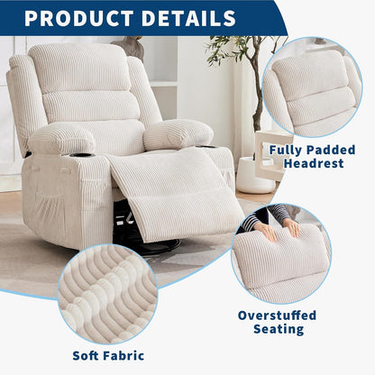 Rocking Recliner Chair for Adults Corduroy Wide Upholstered Glider Recliner with Cup Holder Deep Seat Single Sofa Rocker Chair for Nursery Living Room