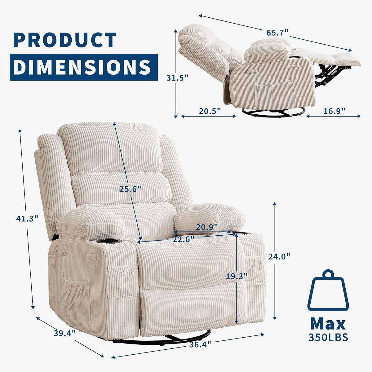 Rocking Recliner Chair for Adults Corduroy Wide Upholstered Glider Recliner with Cup Holder Deep Seat Single Sofa Rocker Chair for Nursery Living Room