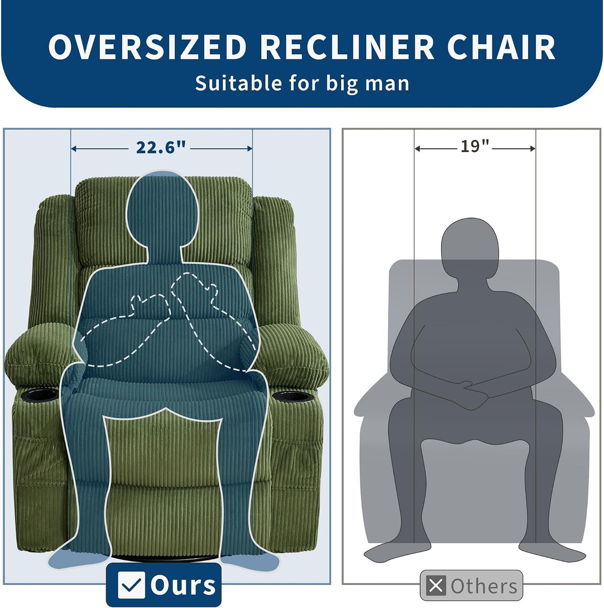 Rocking Recliner Chair for Adults Corduroy Wide Upholstered Glider Recliner with Cup Holder Deep Seat Single Sofa Rocker Chair for Nursery Living Room