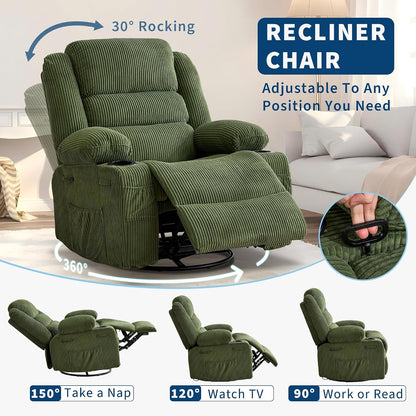 Rocking Recliner Chair for Adults Corduroy Wide Upholstered Glider Recliner with Cup Holder Deep Seat Single Sofa Rocker Chair for Nursery Living Room