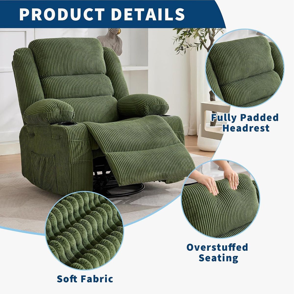 Rocking Recliner Chair for Adults Corduroy Wide Upholstered Glider Recliner with Cup Holder Deep Seat Single Sofa Rocker Chair for Nursery Living Room