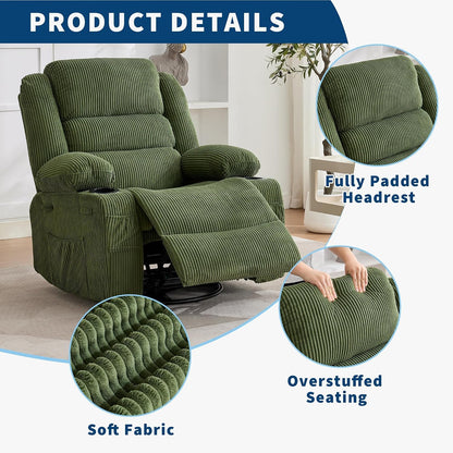Rocking Recliner Chair for Adults Corduroy Wide Upholstered Glider Recliner with Cup Holder Deep Seat Single Sofa Rocker Chair for Nursery Living Room