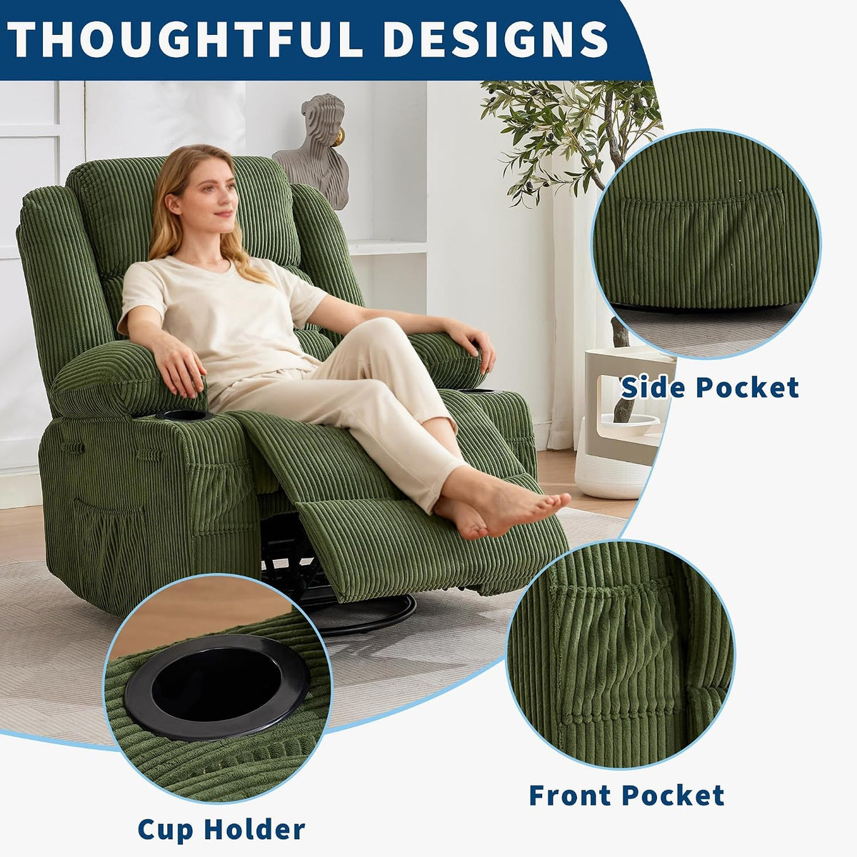 Rocking Recliner Chair for Adults Corduroy Wide Upholstered Glider Recliner with Cup Holder Deep Seat Single Sofa Rocker Chair for Nursery Living Room