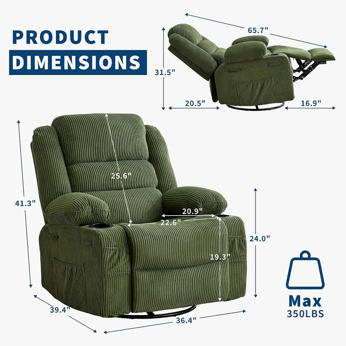 Rocking Recliner Chair for Adults Corduroy Wide Upholstered Glider Recliner with Cup Holder Deep Seat Single Sofa Rocker Chair for Nursery Living Room