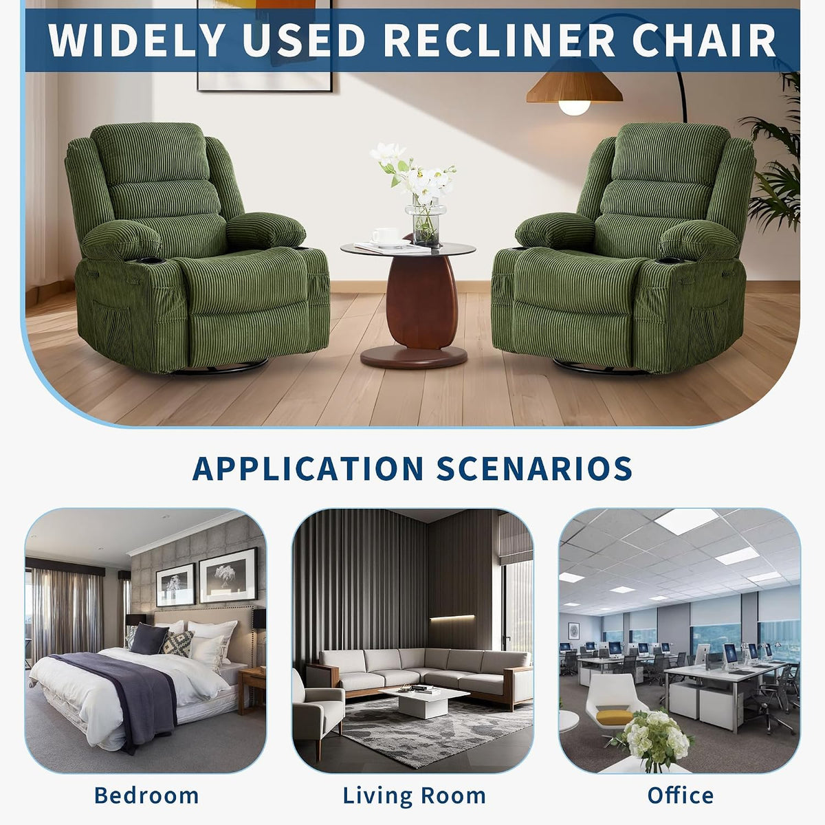 Rocking Recliner Chair for Adults Corduroy Wide Upholstered Glider Recliner with Cup Holder Deep Seat Single Sofa Rocker Chair for Nursery Living Room
