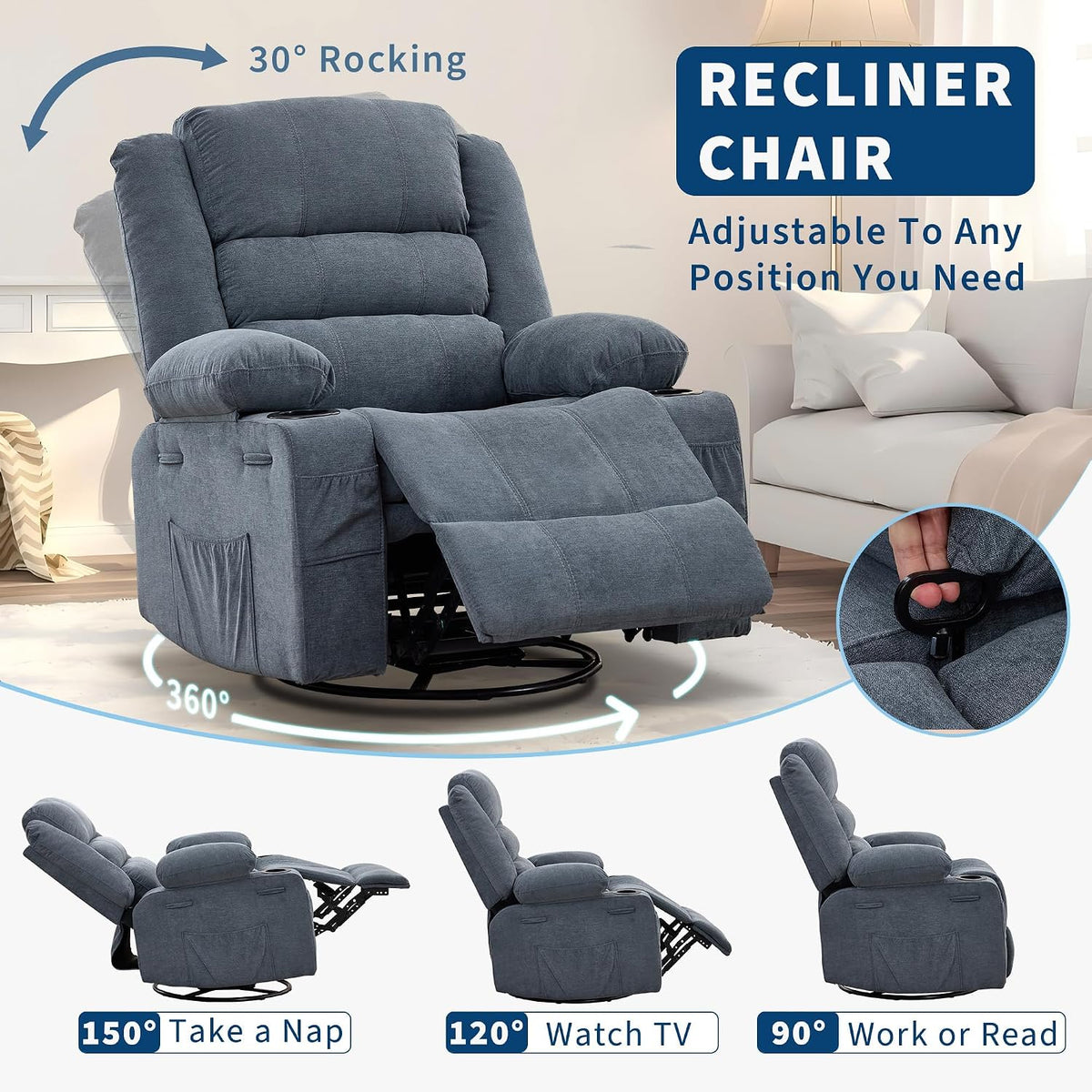 Rocking Recliner Chair for Adults Corduroy Wide Upholstered Glider Recliner with Cup Holder Deep Seat Single Sofa Rocker Chair for Nursery Living Room