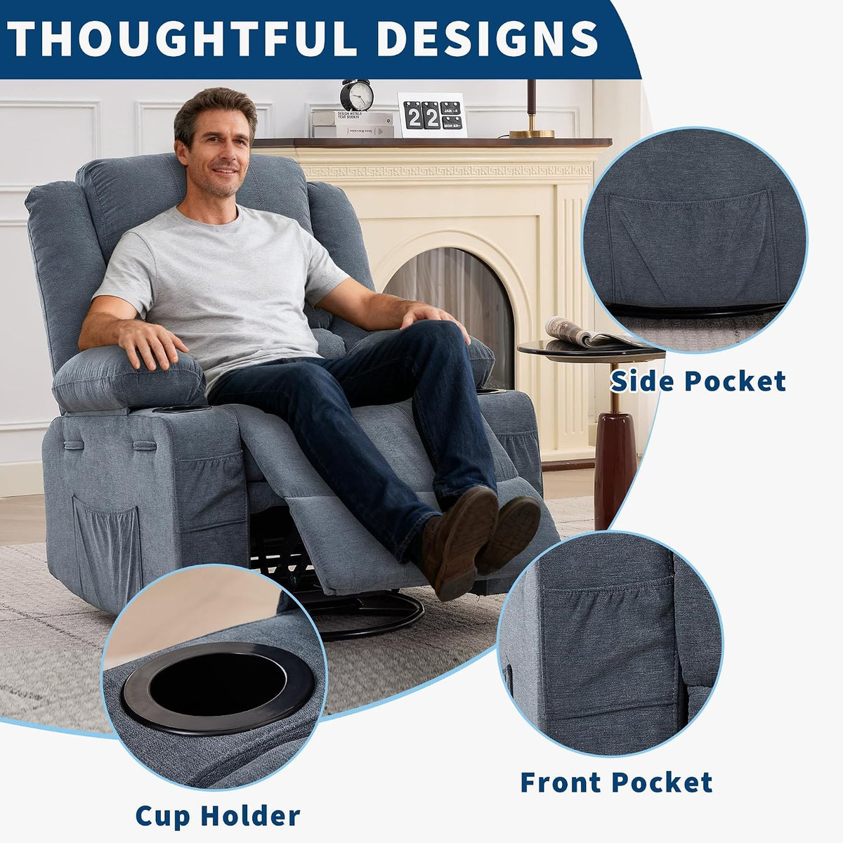Rocking Recliner Chair for Adults Corduroy Wide Upholstered Glider Recliner with Cup Holder Deep Seat Single Sofa Rocker Chair for Nursery Living Room