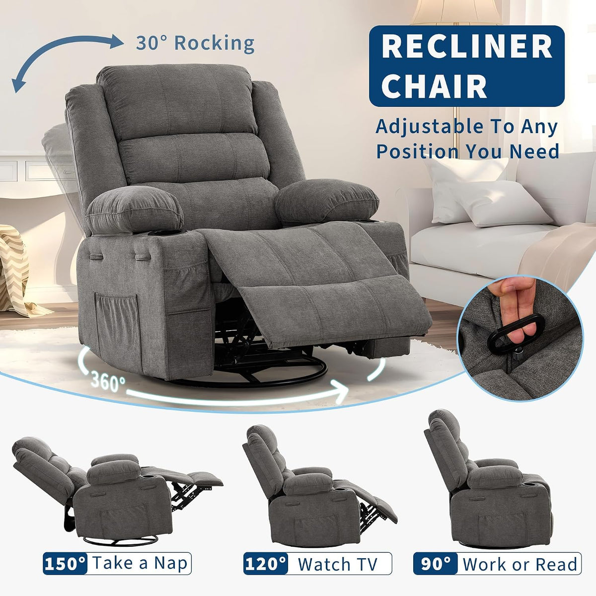 Rocking Recliner Chair for Adults Corduroy Wide Upholstered Glider Recliner with Cup Holder Deep Seat Single Sofa Rocker Chair for Nursery Living Room