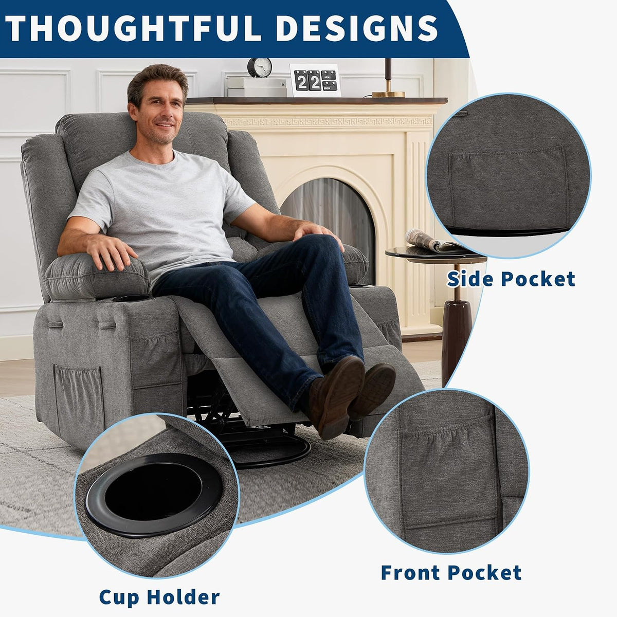 Rocking Recliner Chair for Adults Corduroy Wide Upholstered Glider Recliner with Cup Holder Deep Seat Single Sofa Rocker Chair for Nursery Living Room