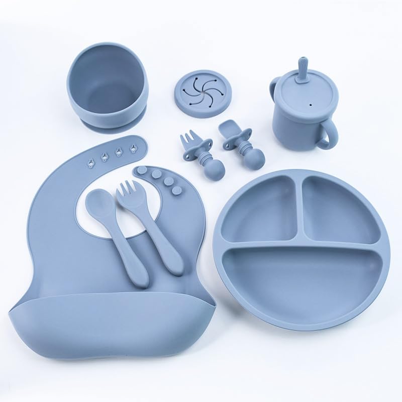 9-Piece Silicone Baby Feeding Set – Plate, Bowl, Bib, Cup, Spoon & Fork – Suction, BPA-Free – Blush Pink
