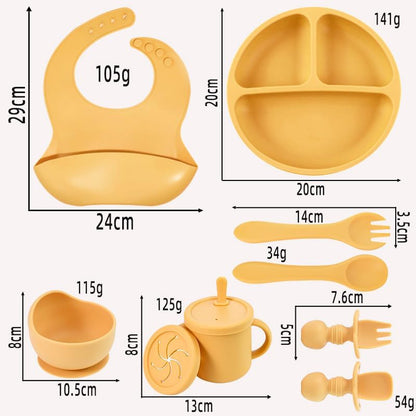 9-Piece Silicone Baby Feeding Set – Plate, Bowl, Bib, Cup, Spoon & Fork – Suction, BPA-Free – Blush Pink