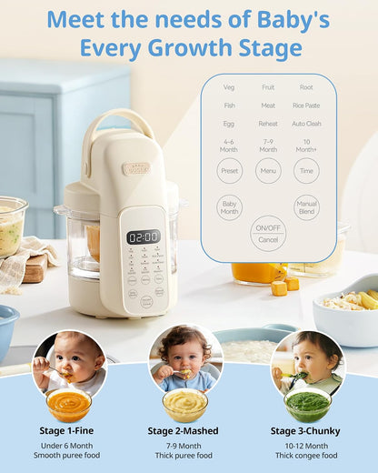 FM01 Baby Food Maker, 316L Stainless Steel Blades | Puree Steamer Blender Processor With 10oz Glass Bowl | One-Step Food Mill with Recipe, 12H Keep Warm, Auto Clean, Reheat | BPA-Free