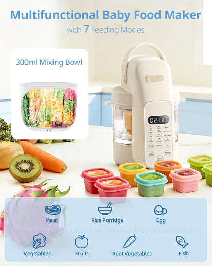 FM01 Baby Food Maker, 316L Stainless Steel Blades | Puree Steamer Blender Processor With 10oz Glass Bowl | One-Step Food Mill with Recipe, 12H Keep Warm, Auto Clean, Reheat | BPA-Free