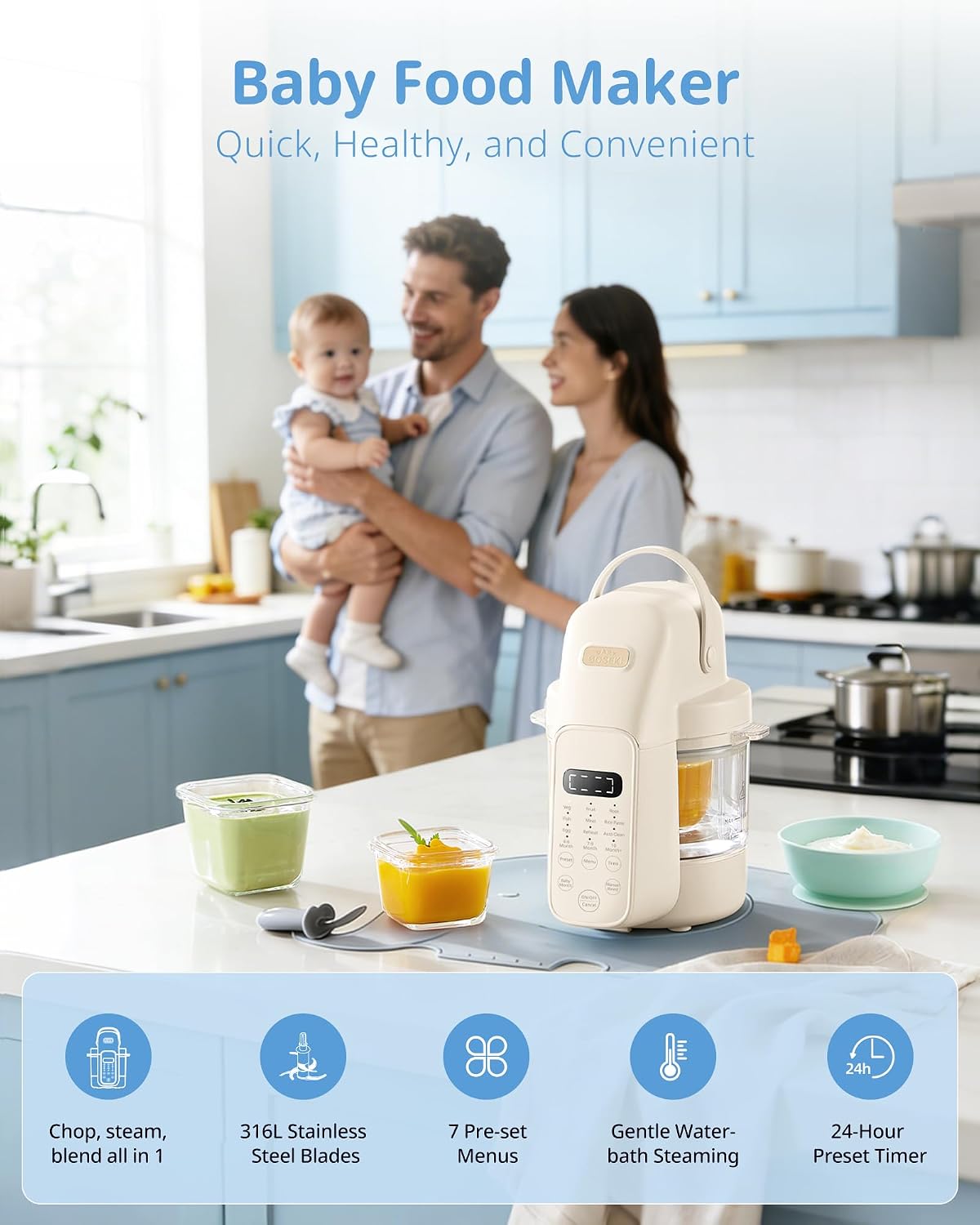 FM01 Baby Food Maker, 316L Stainless Steel Blades | Puree Steamer Blender Processor With 10oz Glass Bowl | One-Step Food Mill with Recipe, 12H Keep Warm, Auto Clean, Reheat | BPA-Free