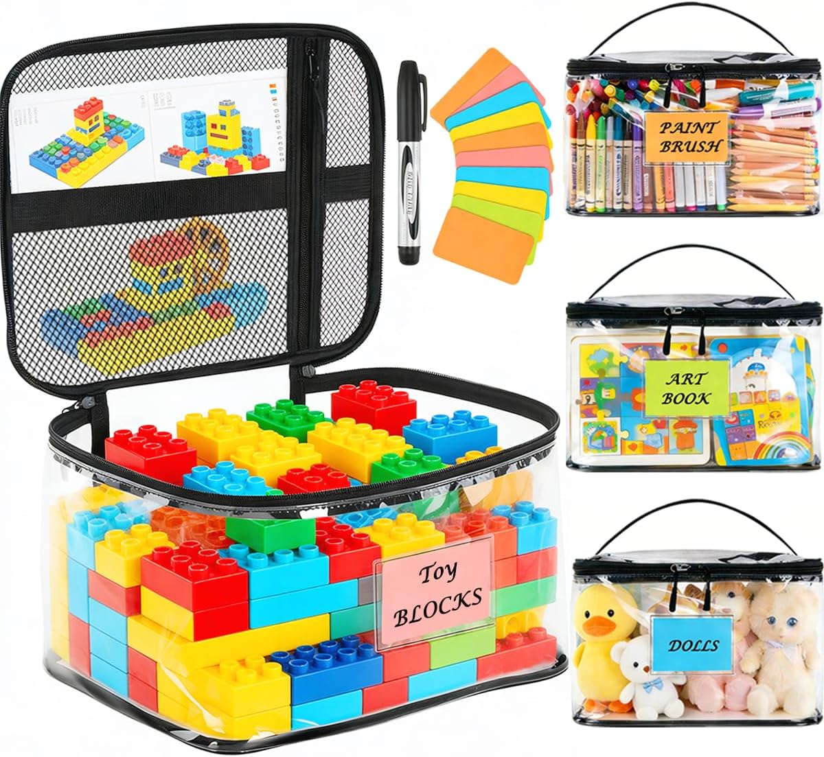 Clear Storage Bags, 4‑Pack Clear PVC Waterproof Toy Organizer with Zipper, Labels & Handles for Puzzles, Building Blocks, Board Games