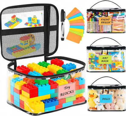 Clear Storage Bags, 4‑Pack Clear PVC Waterproof Toy Organizer with Zipper, Labels & Handles for Puzzles, Building Blocks, Board Games