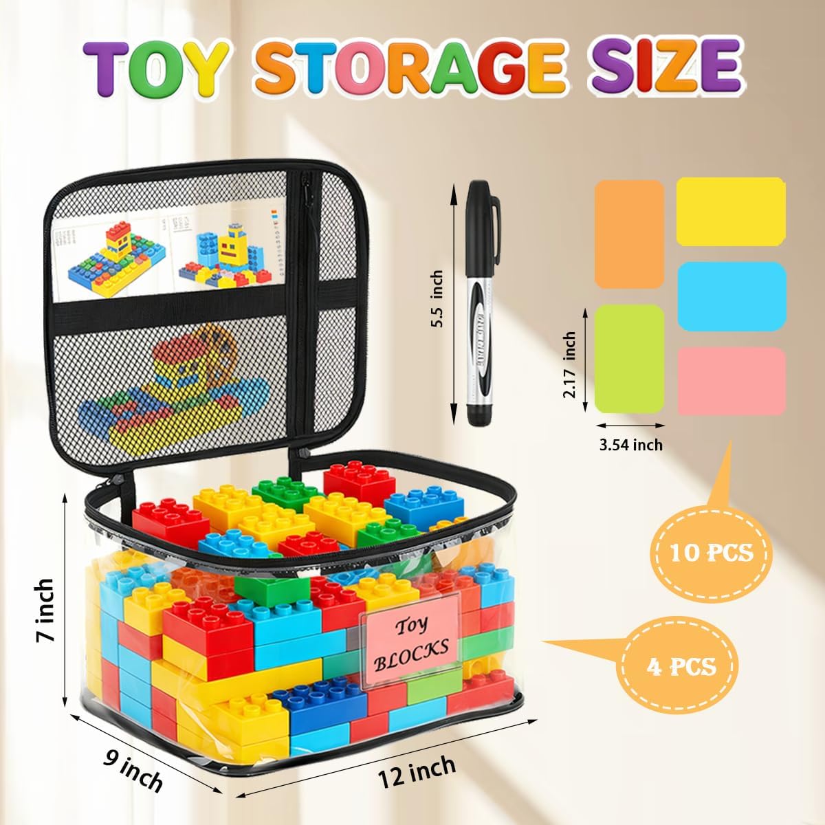 Clear Storage Bags, 4‑Pack Clear PVC Waterproof Toy Organizer with Zipper, Labels & Handles for Puzzles, Building Blocks, Board Games