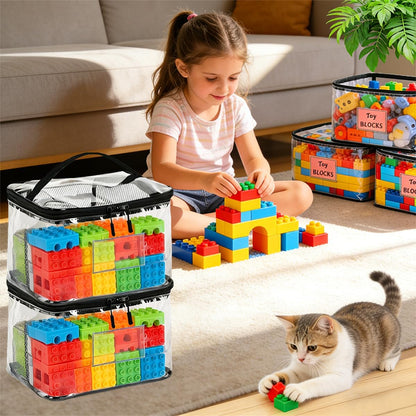 Clear Storage Bags, 4‑Pack Clear PVC Waterproof Toy Organizer with Zipper, Labels & Handles for Puzzles, Building Blocks, Board Games