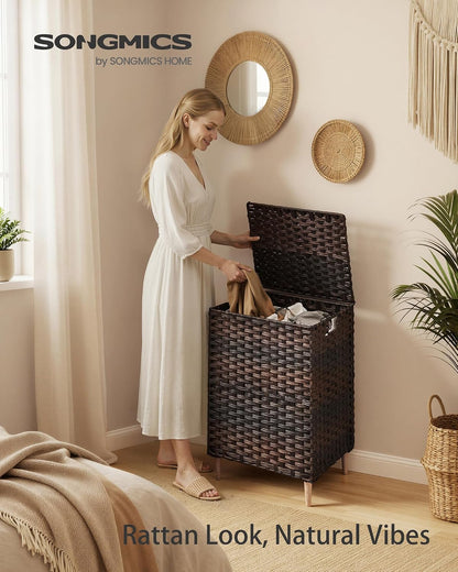 SONGMICS 4-SectionLaundry Hamper With Lid, PE Rattan, 55.5 Gallons (210 L)