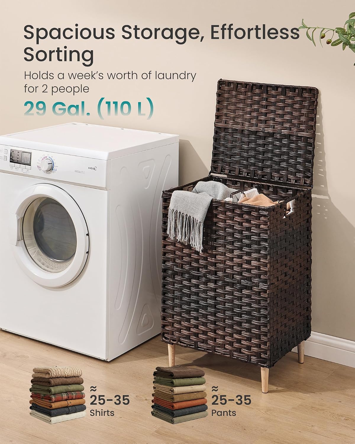 SONGMICS 4-SectionLaundry Hamper With Lid, PE Rattan, 55.5 Gallons (210 L)