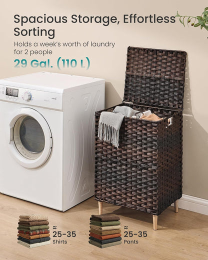 SONGMICS 4-SectionLaundry Hamper With Lid, PE Rattan, 55.5 Gallons (210 L)
