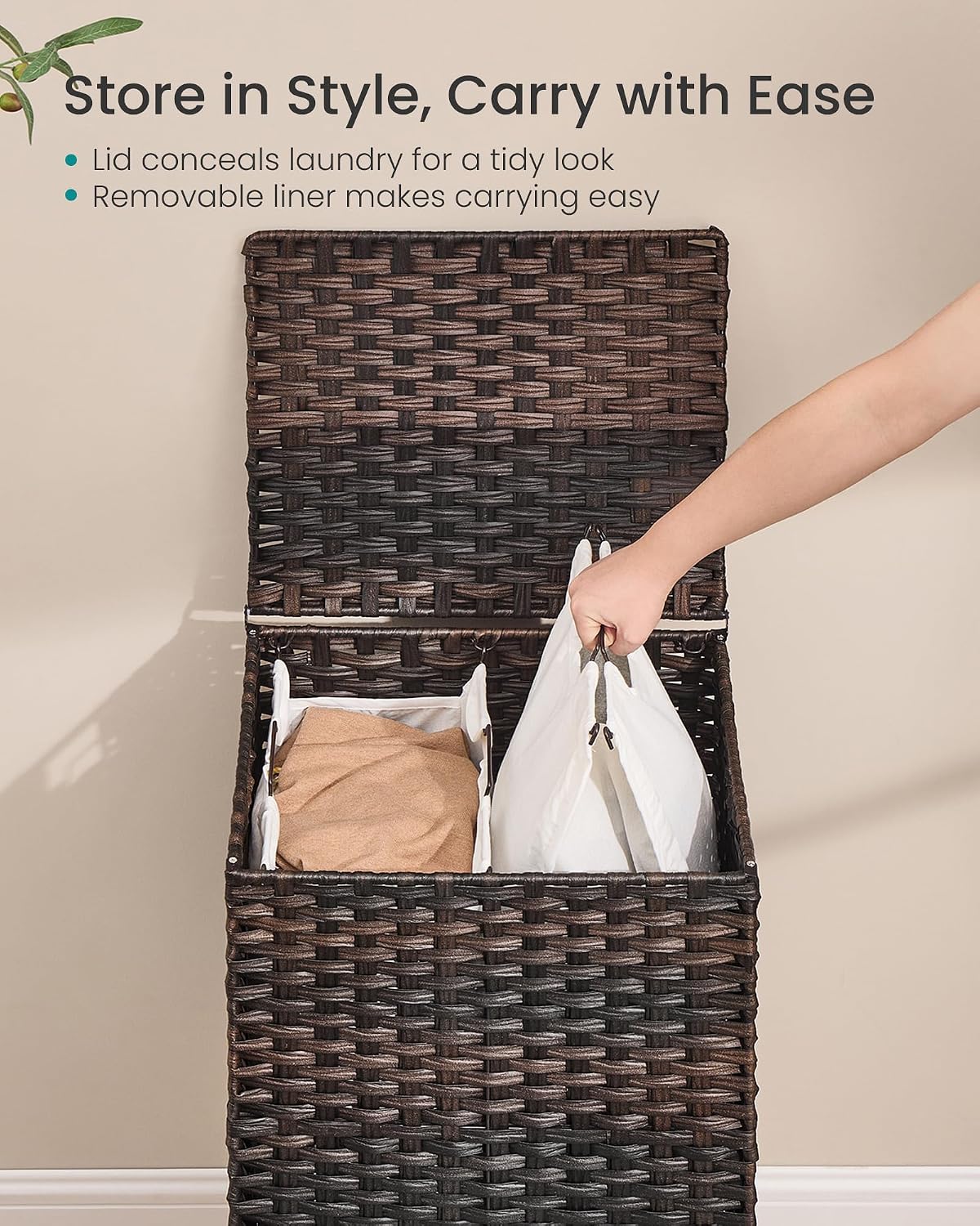 SONGMICS 4-SectionLaundry Hamper With Lid, PE Rattan, 55.5 Gallons (210 L)
