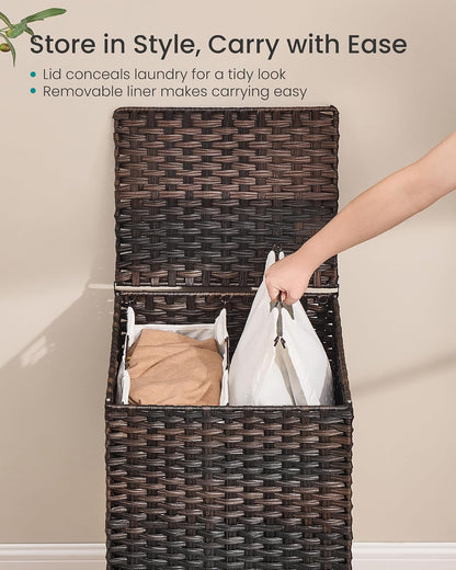 SONGMICS 4-SectionLaundry Hamper With Lid, PE Rattan, 55.5 Gallons (210 L)