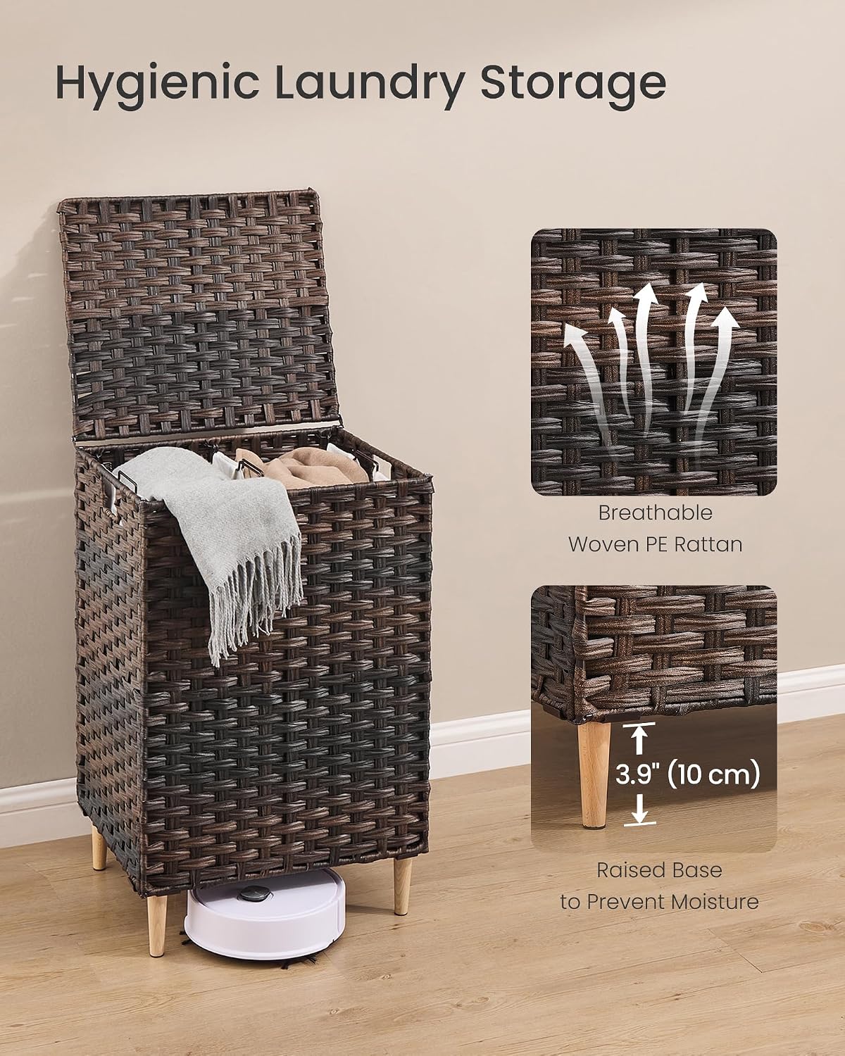 SONGMICS 4-SectionLaundry Hamper With Lid, PE Rattan, 55.5 Gallons (210 L)