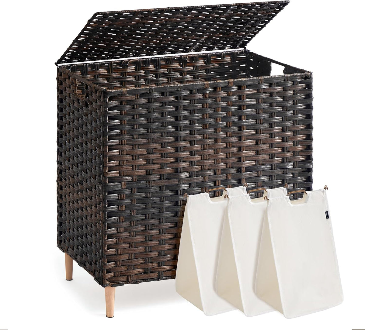 SONGMICS 4-SectionLaundry Hamper With Lid, PE Rattan, 55.5 Gallons (210 L)