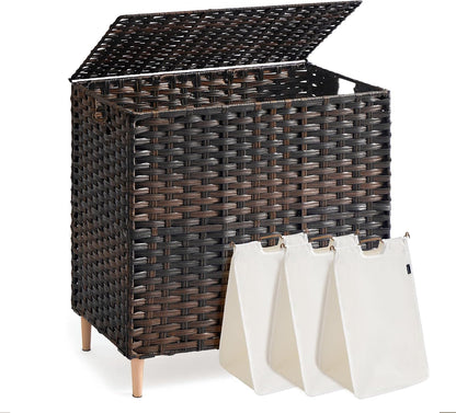 SONGMICS 4-SectionLaundry Hamper With Lid, PE Rattan, 55.5 Gallons (210 L)