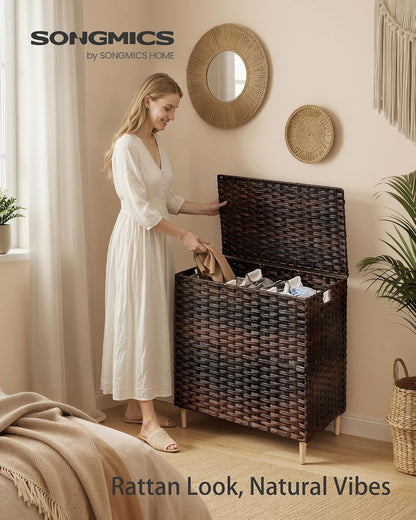 SONGMICS 4-SectionLaundry Hamper With Lid, PE Rattan, 55.5 Gallons (210 L)