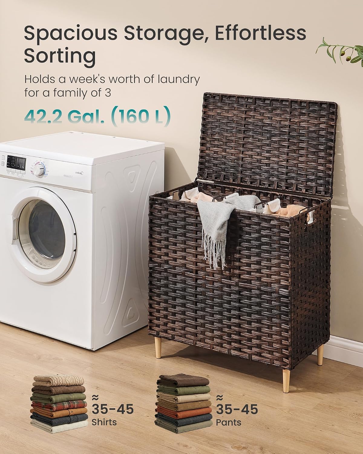 SONGMICS 4-SectionLaundry Hamper With Lid, PE Rattan, 55.5 Gallons (210 L)