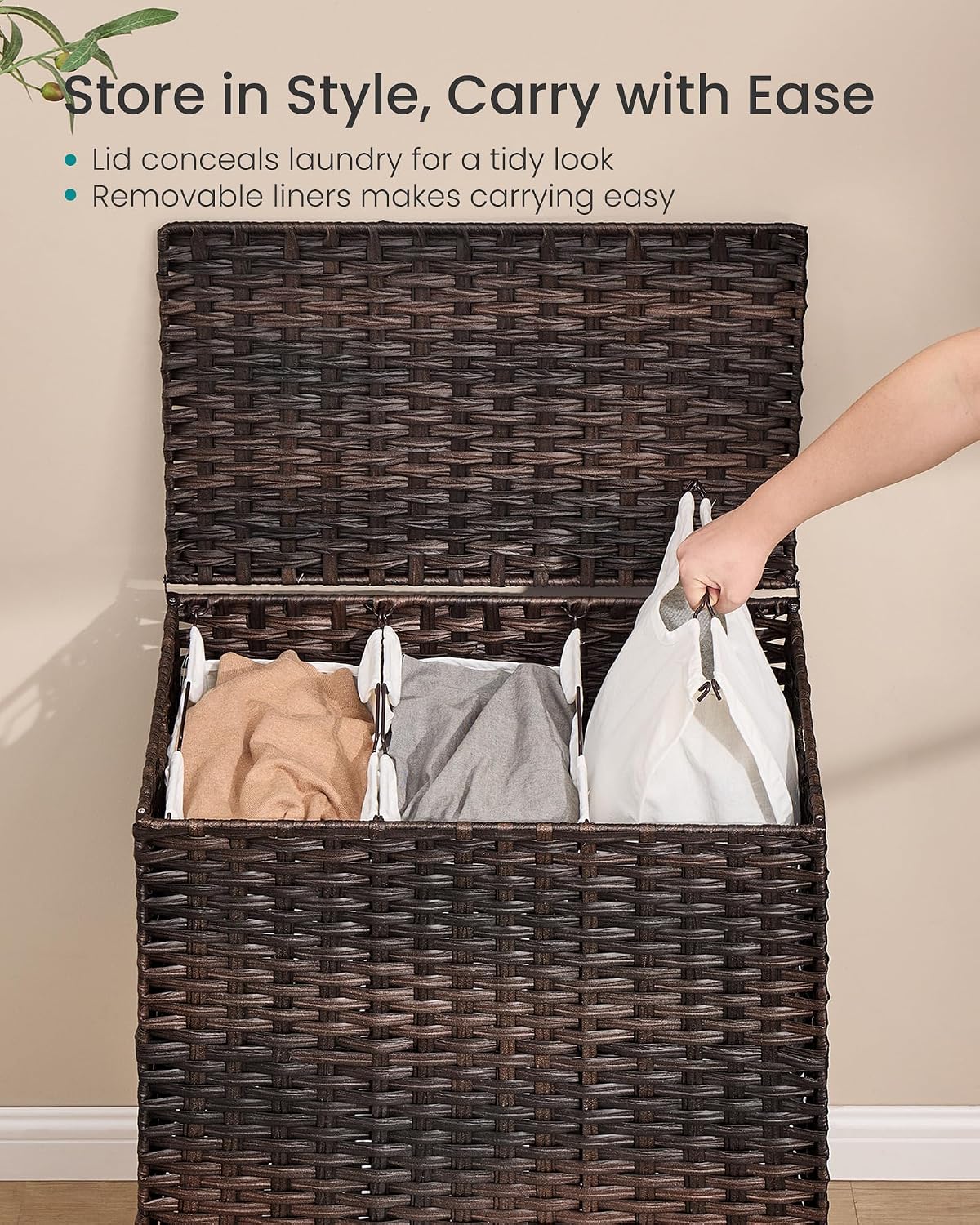SONGMICS 4-SectionLaundry Hamper With Lid, PE Rattan, 55.5 Gallons (210 L)