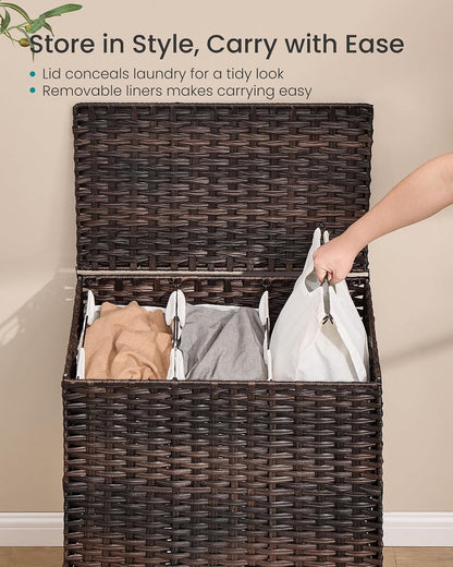 SONGMICS 4-SectionLaundry Hamper With Lid, PE Rattan, 55.5 Gallons (210 L)