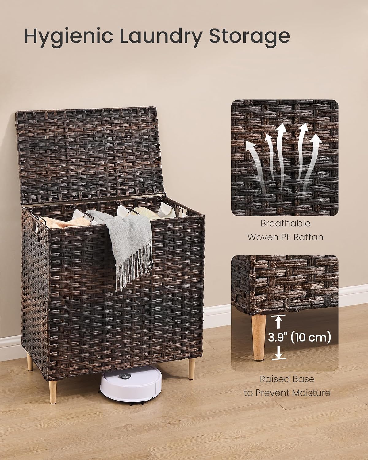 SONGMICS 4-SectionLaundry Hamper With Lid, PE Rattan, 55.5 Gallons (210 L)