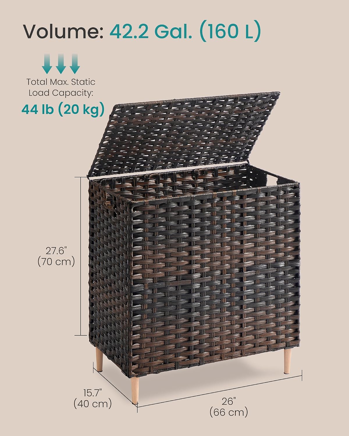 SONGMICS 4-SectionLaundry Hamper With Lid, PE Rattan, 55.5 Gallons (210 L)