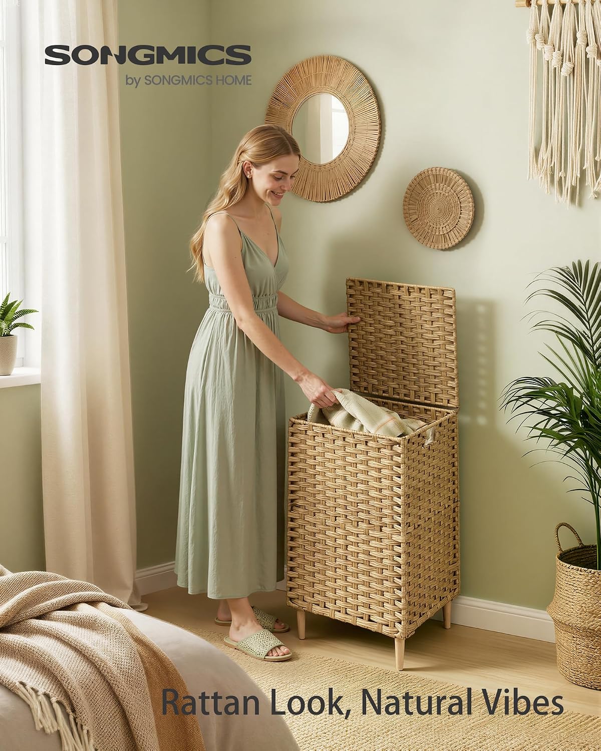 SONGMICS 4-SectionLaundry Hamper With Lid, PE Rattan, 55.5 Gallons (210 L)