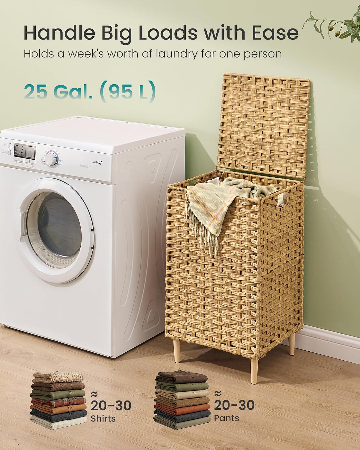 SONGMICS 4-SectionLaundry Hamper With Lid, PE Rattan, 55.5 Gallons (210 L)