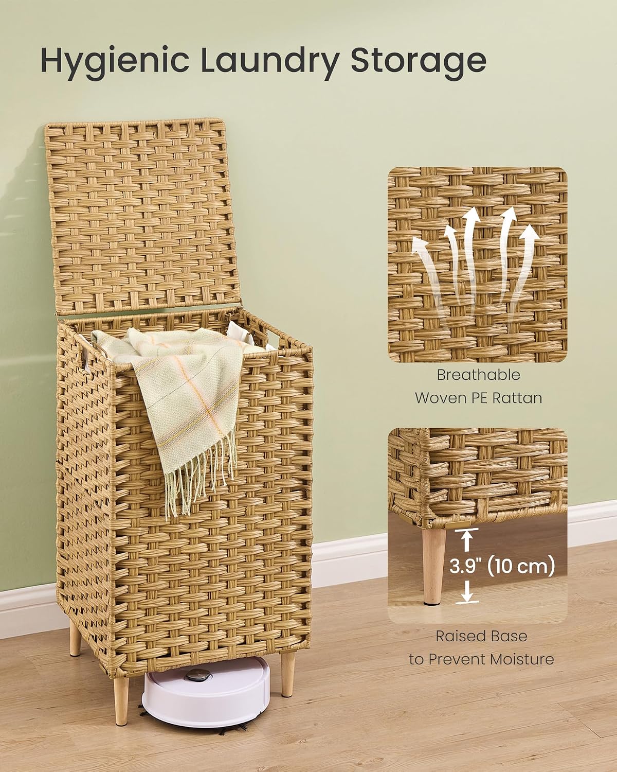 SONGMICS 4-SectionLaundry Hamper With Lid, PE Rattan, 55.5 Gallons (210 L)