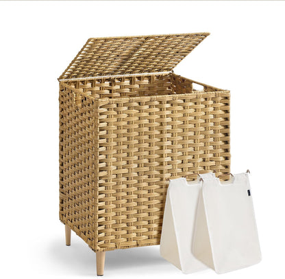 SONGMICS 4-SectionLaundry Hamper With Lid, PE Rattan, 55.5 Gallons (210 L)