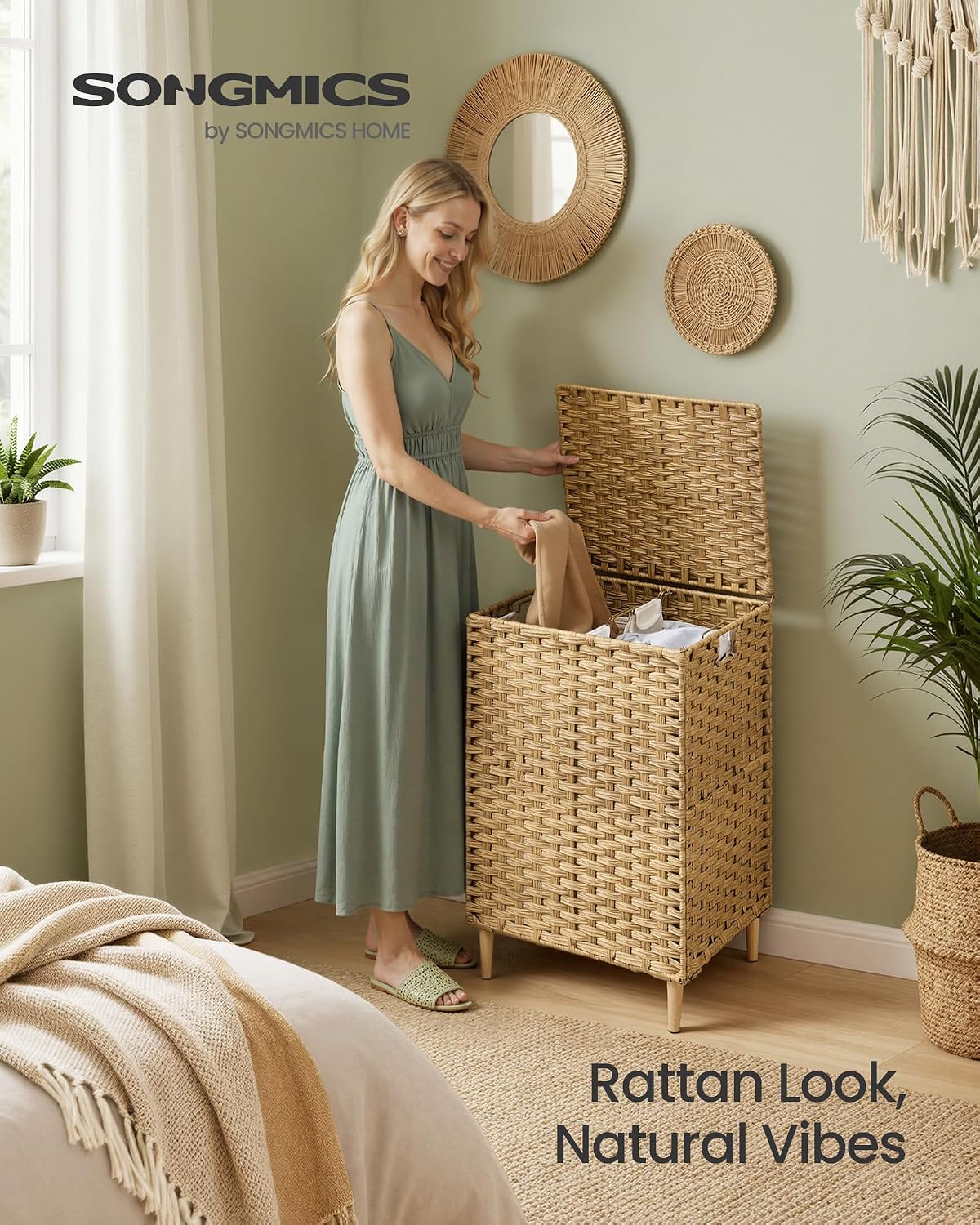 SONGMICS 4-SectionLaundry Hamper With Lid, PE Rattan, 55.5 Gallons (210 L)