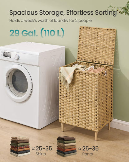 SONGMICS 4-SectionLaundry Hamper With Lid, PE Rattan, 55.5 Gallons (210 L)