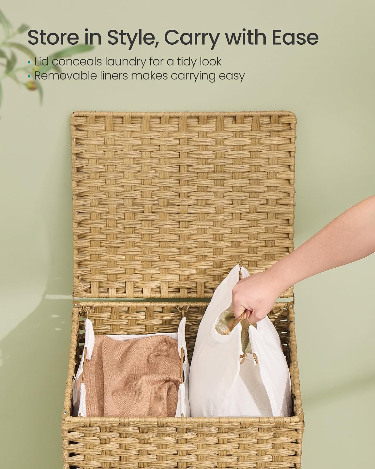 SONGMICS 4-SectionLaundry Hamper With Lid, PE Rattan, 55.5 Gallons (210 L)