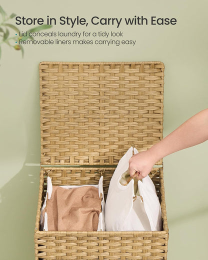 SONGMICS 4-SectionLaundry Hamper With Lid, PE Rattan, 55.5 Gallons (210 L)