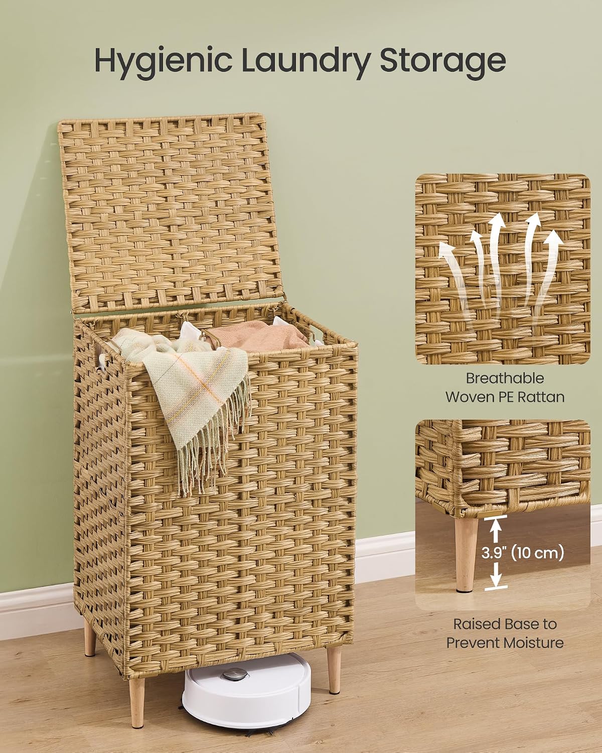 SONGMICS 4-SectionLaundry Hamper With Lid, PE Rattan, 55.5 Gallons (210 L)
